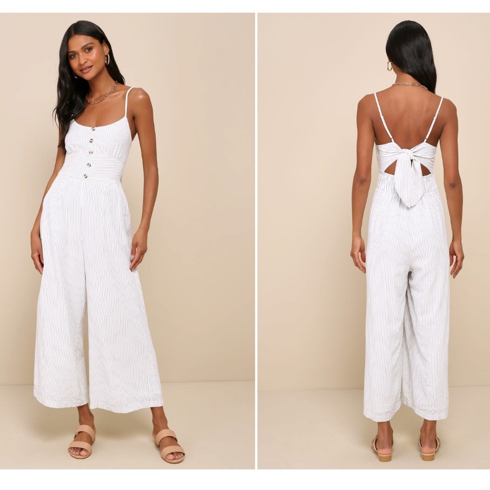 Coastal Air White Striped Tie-Back Culotte Jumpsuit